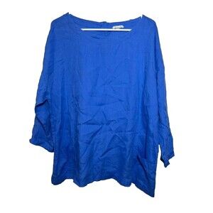 Eileen Fisher Organic Linen Top Women Large Blue Long Sleeve Blouse Oversized